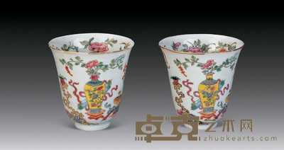 清光绪 粉彩博古景钟形杯（一对） 高8cm
